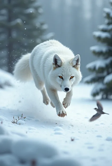 A white fox on the ice and some green tree also beside the fox and tree onthe ice area snow are foll and also that fox jumping to catch a bird