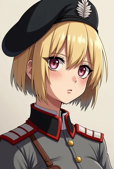 Crazy adult woman from the 1940s with short blond hair shaved on the sides, left eye pink , wearing a black military beret, a gray and red military uniform,  an eye slap in the right eye , in the art style of Attack on Titan