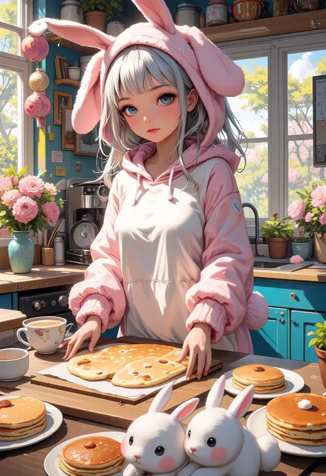 A picture of a person in a rabbit onesie, making adorable rabbit-baked pancakes,original, female, complex art, Anime Style, 