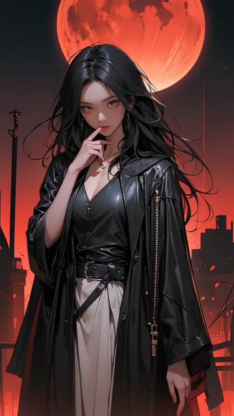 (Best Quality),(composition showing the whole body),(A girl dressed in black leather clothes),(Her Right Hand Is a Girl Holding a Sword),(the girl with the black leather cloak),(Clothes々damaged areas can be seen),(A girl around ),(, a sharp sword that shin...