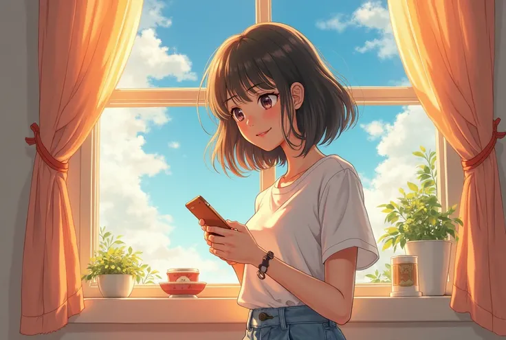 A high school girl is messaging on her smartphone. It has a warm and romantic atmosphere. The delicate lines, expressive eyes, and pastel colors are characteristic of the classic shojo manga style. In the background, a room with sunlight streaming in creat...