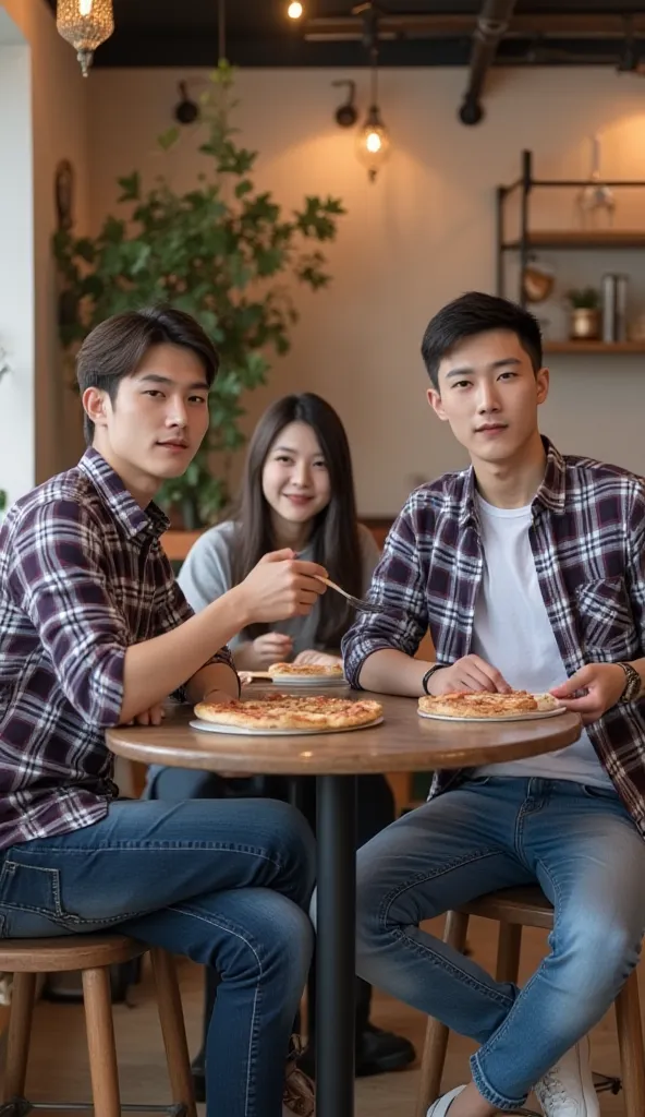 Medium fat,3 handsome young men, and 3 beautiful asian women, white leather of asian origin, 23 years old , cussing a plaid shirt,and T-shirts, blue jeans, looking neat and polite, white naike shoes, sitting santey in a cafe, while eating pizza, watch, ima...