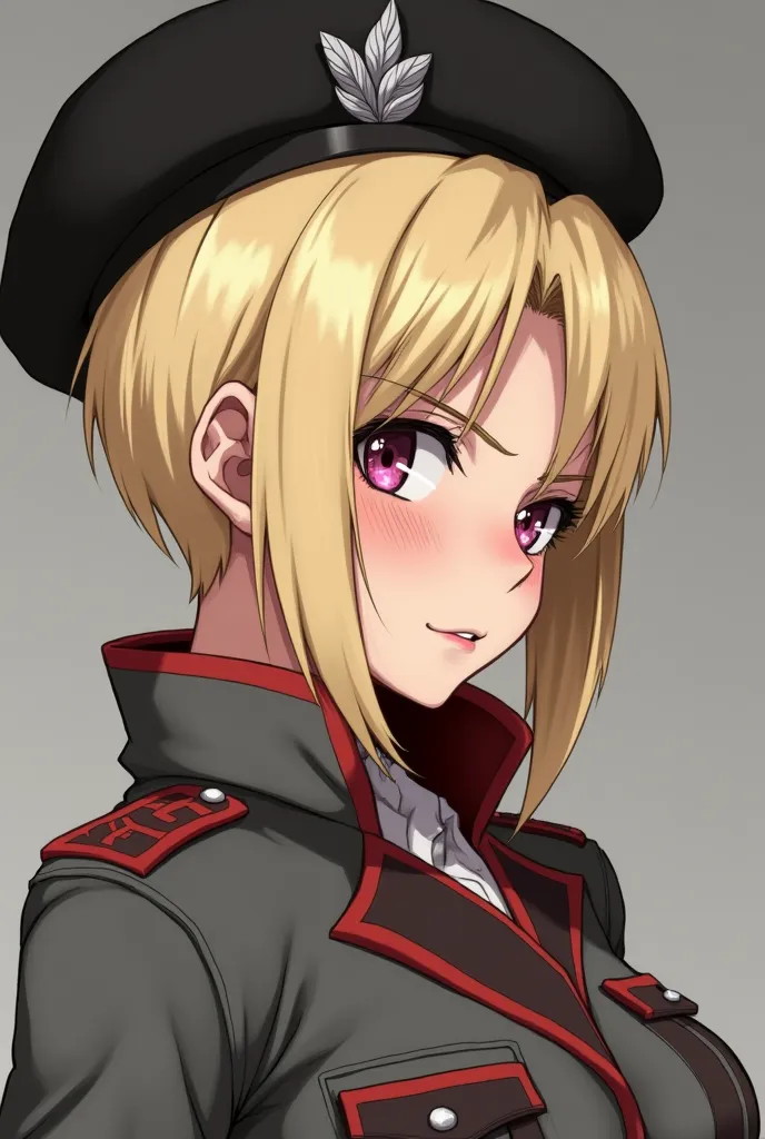 Crazy adult woman from the 1940s with short blond hair shaved on the sides, left eye pink , wearing a black military beret, a gray and red military uniform,  an eye slap in the right eye , designed in the style of Attack on Titan