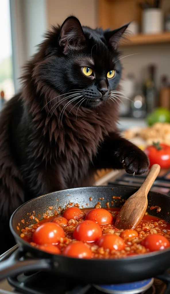 A fluffy black cat carefully adding ripe tomatoes into a sizzling pan on the stove, where garlic and onions are already cooking. The cat is focused on stirring the sauce with a wooden spoon, while adjusting the seasoning with a pinch of salt and sugar. Its...