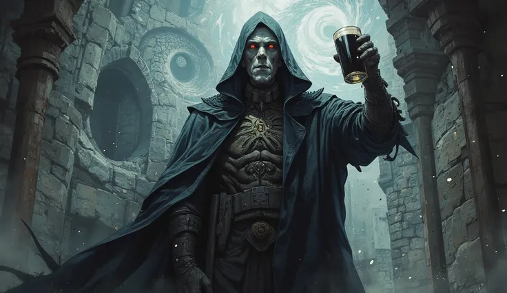 a red-eyed albino wizard with a hood summons a Lovecraftian creature. The wizard is in a ruined medieval brewery. The wizard drinks a black beer.