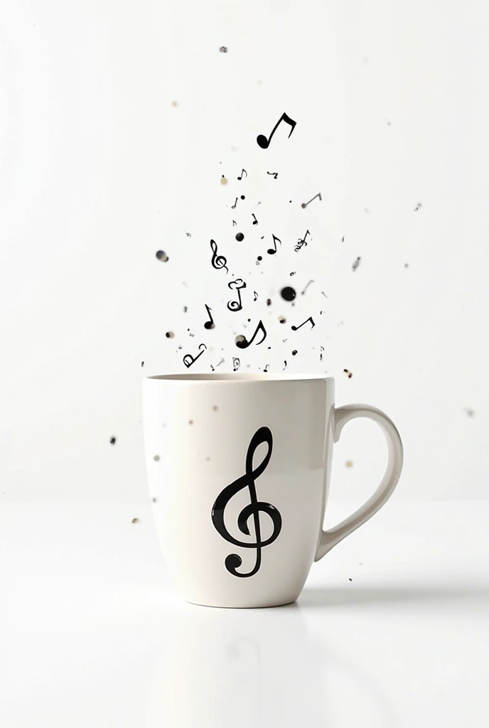 create an image on a white background with musical notes, mug with a large violin clef in the center,To print a