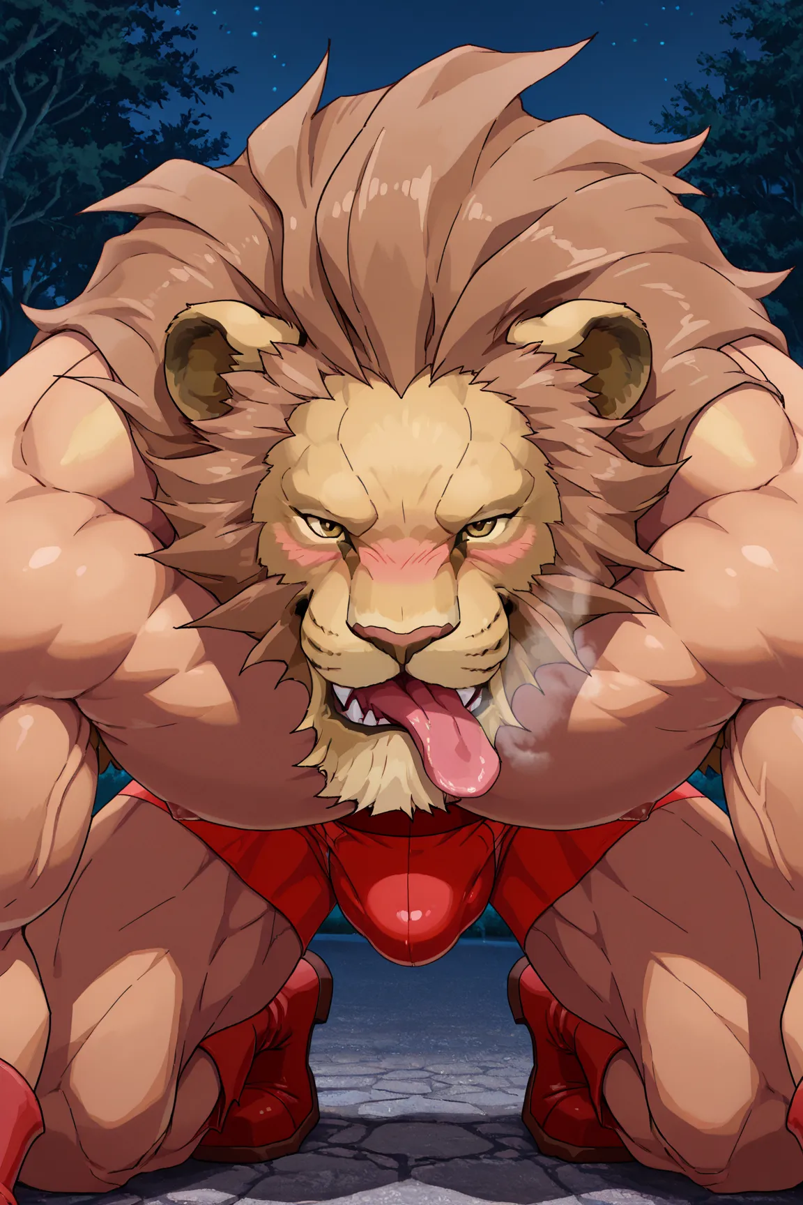 Highest Quality, 4k, masterpiece, Amazing Details, highly detailed face, night time, stary background, park , Lit From behind, (LeoRE, lion head, brown mane, red boots, muscular, in love, blushing, licking, leaning forward, visible breath, red boxers, bulg...