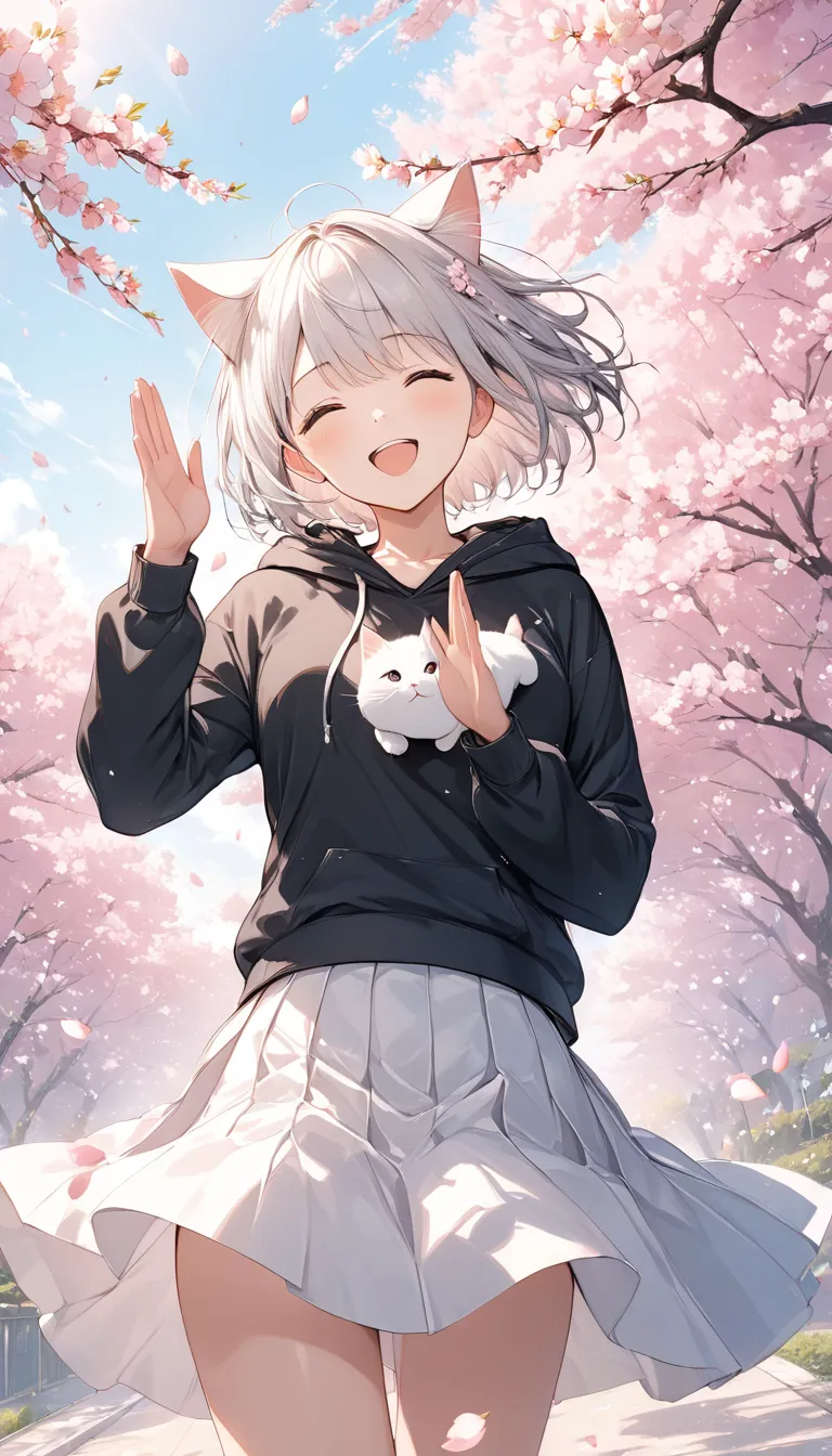 anime、(( amazing absurd falling through the air )),(masterpiece:1.2),超Hi-Res,  Attention to Details , high quality, Hi-Res, 最high quality, 4K, 8k、 short hair、  black hair、black hoodie、White Skirt、 cherry blossoms in full bloom、Cherry Tree、Lightly raise you...