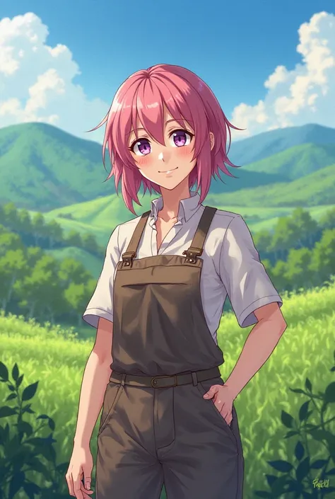 Anime, mother, hair color dark pink (hex 893843), farmer, purple eyes, mature, 