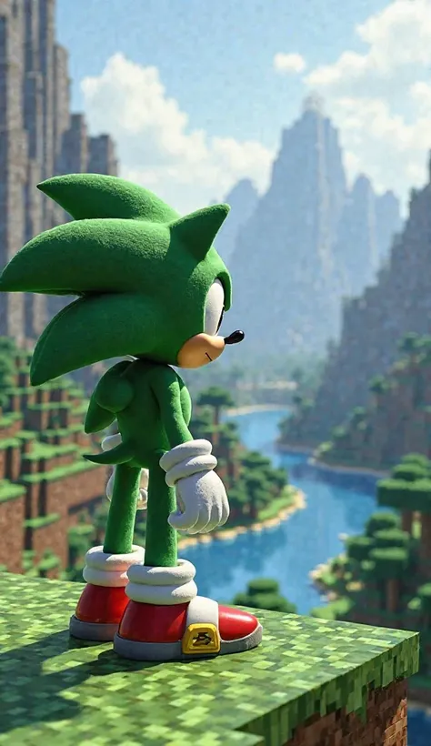 Green Sonic looking at the Minecraft horizon