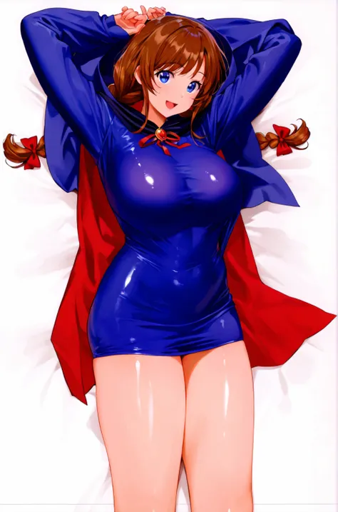 tight_clothes,tight_dress,miniskirt,red_gemstone,brown_hair,blue_eyes,open_mouth,smile,thighs,large_breasts,cloak,sleeves_past_wrists,hand_to_hand,arms_up,twin_braids_shiny_skin,red_ribbon,magical_girl,witch_costume,