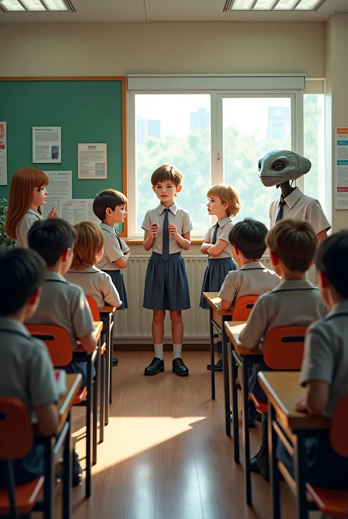 classroom、Many students sit and stand in front of the pulpit looking at the teacher facing the students and aliens wearing school uniforms