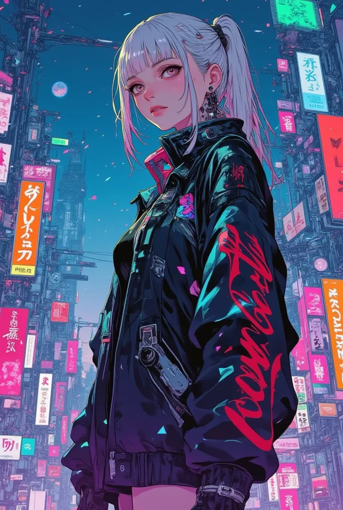 32 mil , masterpiece,  top quality, (  Beautiful Women  )   Cyberpunk,  neon city background ,   Coca Cola Jacket ,   Corful lighting ,  Futuristic Street Fashion ,   night vision , 鮮やかなCor,  shallow depth of field ,  High Contrast Photos , Dystopian Urban...