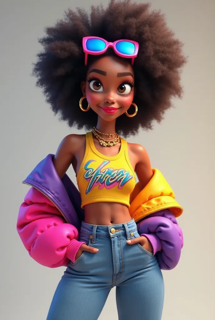 A confident young White woman with voluminous afro hair, wearing stylish blue and pink sunglasses on her head. She has bold red lipstick, large gold hoop earrings, and layered necklaces. She is dressed in a vibrant 90s-inspired outfit: a cropped yellow gra...