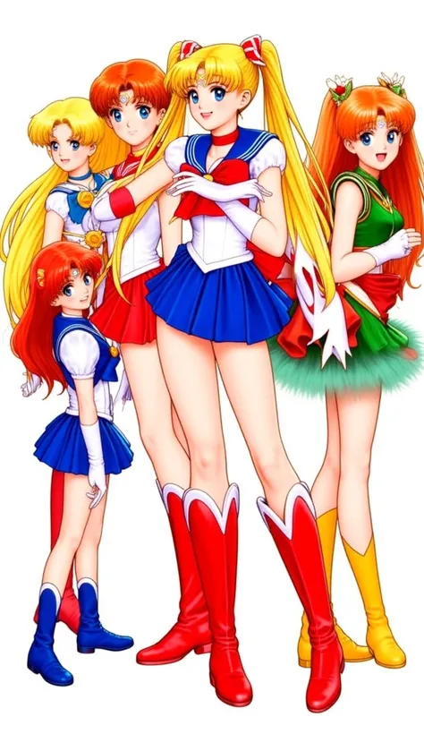 This image features five female anime characters in colorful sailor-style uniforms, standing in dynamic poses. They are drawn in a vibrant and detailed anime style, with each character having a unique color scheme and hairstyle. This artwork is likely from...