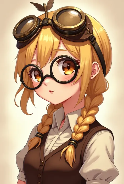 
Create a sweet anime illustration of a  woman with blonde braided hair and large round glasses, wearing vintage steampunk aviator goggles with metallic details and a small propeller on top. She has a serious and curious expression, dressed in a Victorian-...