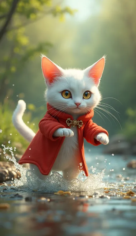 A white cat who was wearing a red colored frock and he suddenly slipped his foot and he was playing on the banks of the Jagria River in the river