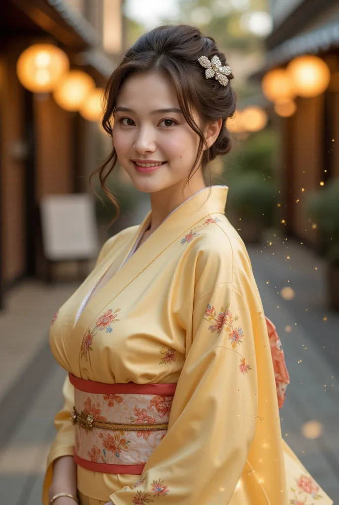 Enhance the image、 hairpin with a diamond、She alone、Back to back、big beautiful ass、The street lights are glittering at 8 o'clock at night、Gold Dustが多く舞散る、Ancient Japanese kimono、The color of the kimono with the fine floral pattern is light yellow、silk、 hai...