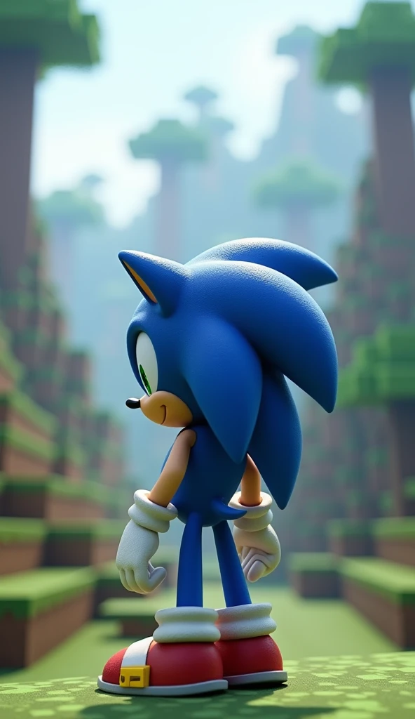 Sonic 3d green backwards looking at the Minecraft landscape