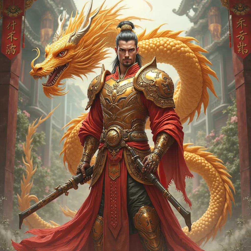 man，wears red and yellow armor，Hand in hand an ancient pistol，Back Wheel Golden Yellow Oriental Dragon