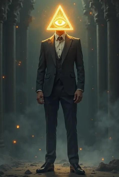 A hyper-realistic and detailed illustration of a man of elegant and dark suit, with polished dress shoes, standing in an imposing pose.  Instead of a human head , it has a glowing golden triangle in place of the head, with the 'All-Seeing Eye' in the cente...