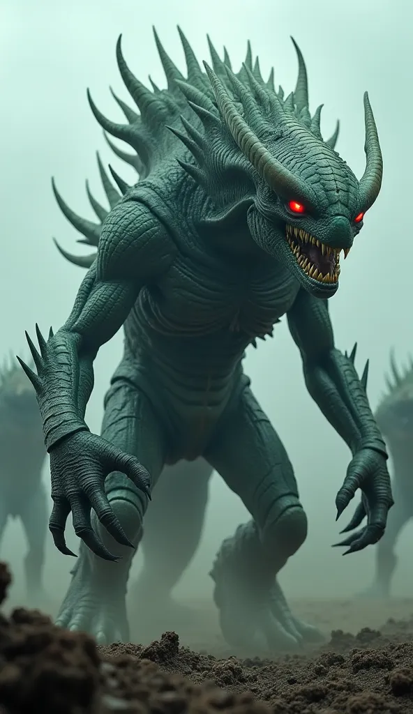 "A monstrous alien creature with a heavily armored reptilian body, covered in thick, dark green and black scales. Its head has a menacing horned structure with glowing red eyes and razor-sharp teeth. The creature has powerful, muscular limbs with sharp cla...