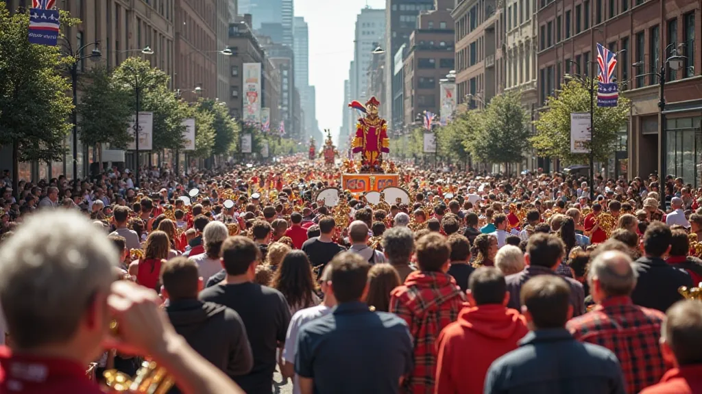 A bustling city street filled with the vibrant chaos of a parade. Loud brass band music echoes through the air as marching bands play their instruments, the trumpets and trombones blaring in unison. The sound is so intense it seems to fill every corner of ...