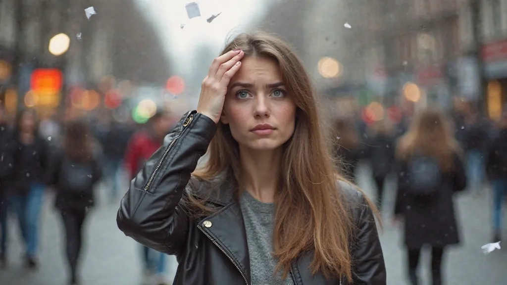 A young woman standing in the middle of a busy street, her eyes wide with confusion. People walk past her, but she seems to be frozen in place, unsure of what to do. Her hand is raised to her forehead as if trying to make sense of something she just heard....