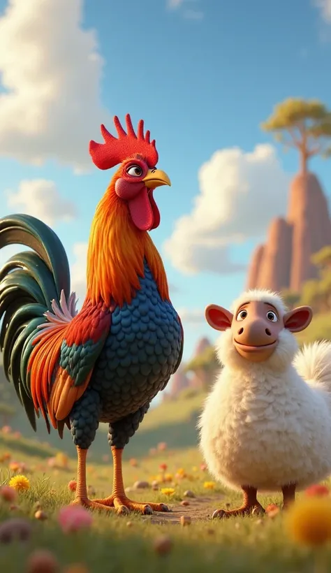 Pixar style 3D animation,4K image.
Action, show rooster, shuturmurg and white sheep separately