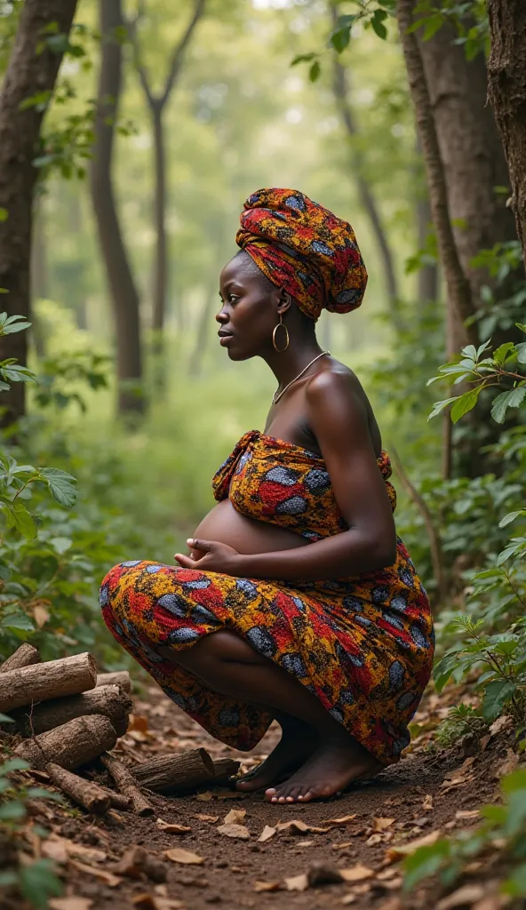 une jeune femme enceinte africain en tissu traditionnel africain, accroupi se préparait à rentrer chez elle après avoir ramassé du bois dans une foret, image realiste