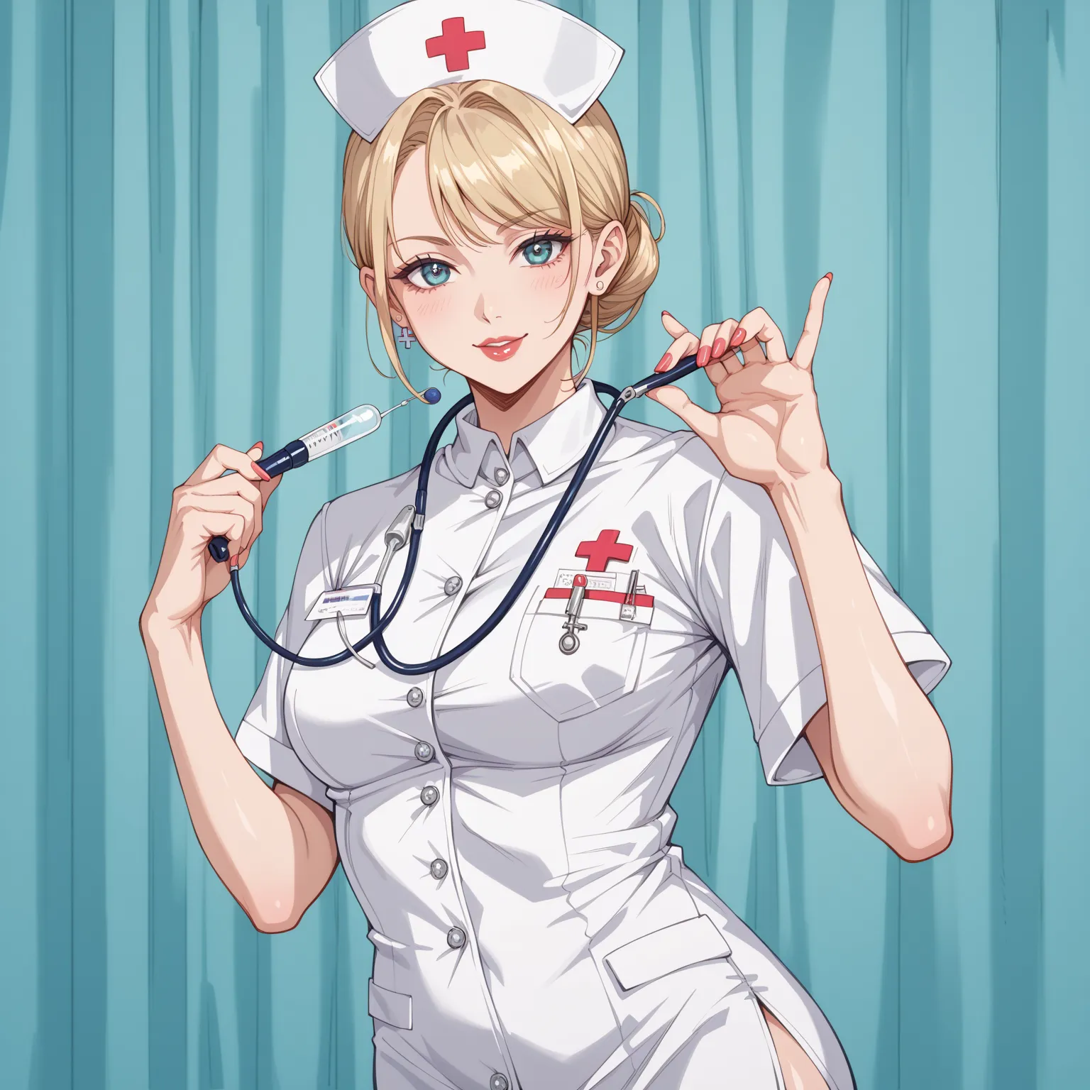 Horny 1 girl, zero two, darling in the franxx ((medical latex gloves)), (nurse coverall),  looking at viewer, standing, one, medical apron 