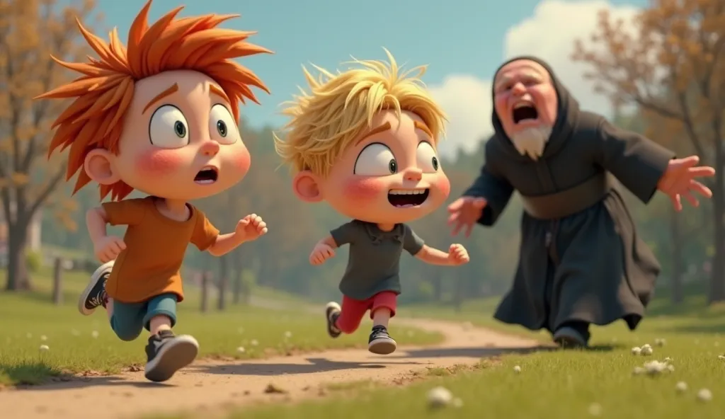 3D animation style, humoristic. Two s of about ten years old, Irish, are running away and laughing out loud from a very angry priest wearing in black. The first of the s is thin, freckled and with messy red hair. The second is chubby and blonde. Very dynam...