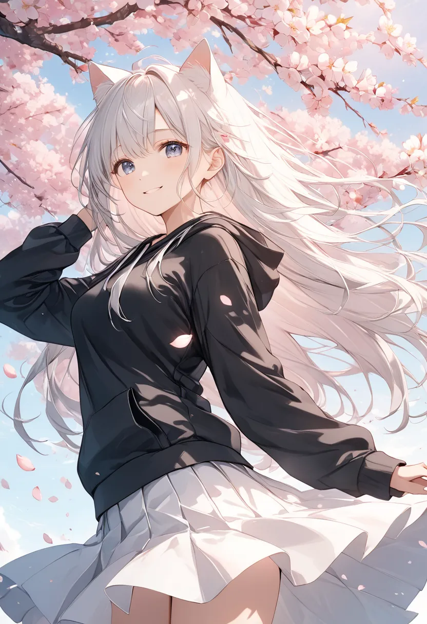 anime、(( amazing absurd falling through the air )),(masterpiece:1.2),超Hi-Res,  Attention to Details , high quality, Hi-Res, 最high quality, 4K, 8k、black hoodie、White Skirt、 cherry blossoms in full bloom、Cherry Tree、smile、cute、 The wind blows and the cherry ...