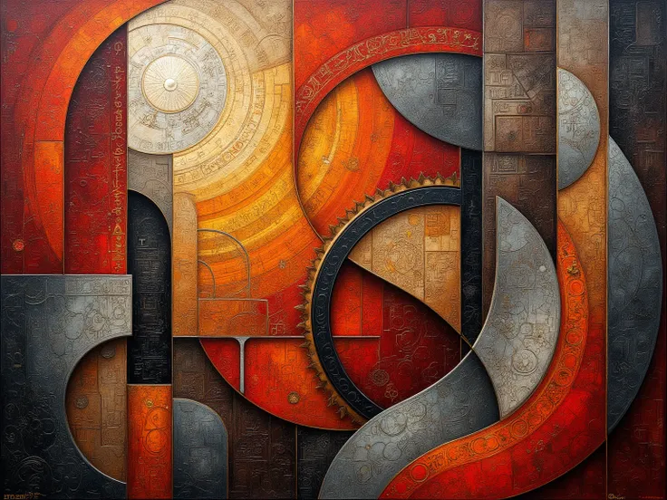 Create an abstract composition that pays homage to the mythical and intellectual achievements of the Sumerians. Incorporate abstract representations of Sumerian innovations, such as the wheel, astronomy symbols, and architectural fragments like arches and ...