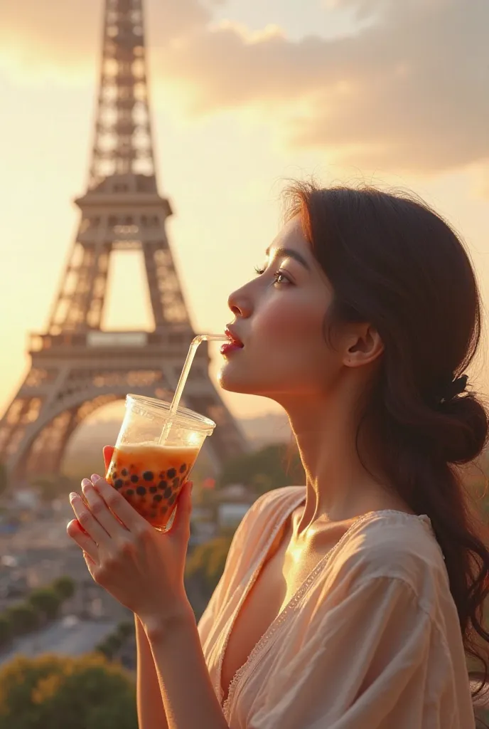 Woman drinking tapioca milk tea while watching the Eiffel Tower、Girl drinking tapioca milk tea