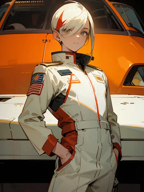 1male , Pilots Helmet , White Pilot Jumpsuit with glowing red and golden accents , Calm Expression , High-Cut Black Comb over hair , Earring , Standing in a military base , Detailed Generation, Masterpiece Quality