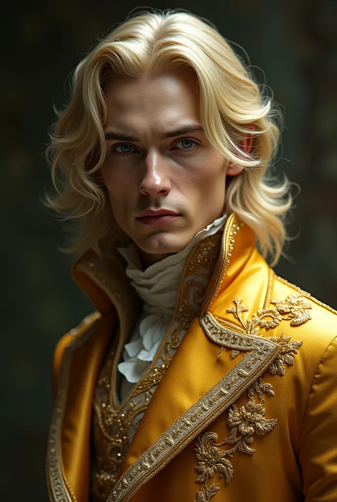 blond vampire man, dressed in a golden Victorian vampire costume.