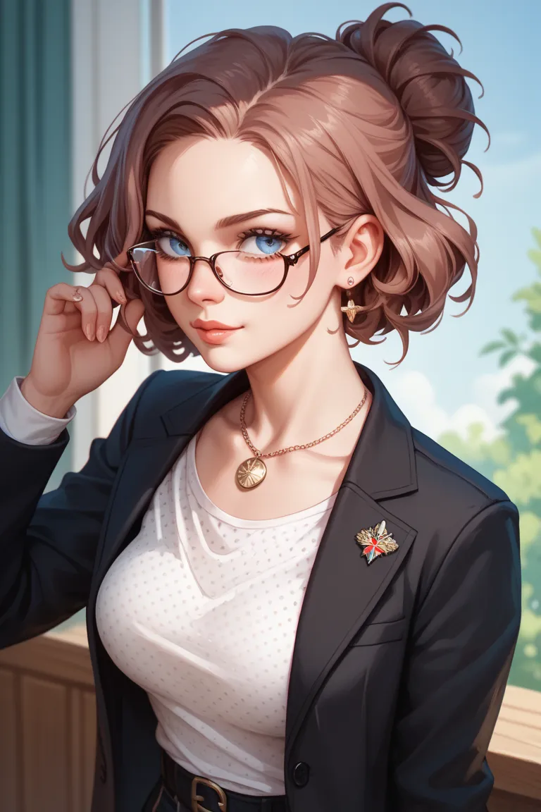 Melina Truth, 28, mixed race from Russia and South Korea
Sexy female CEO glasses, brown perm hair up to the shoulder, showing her breastbone between shirts, dots on the left chest, chest E-cup, wearing a black suit, uncensored