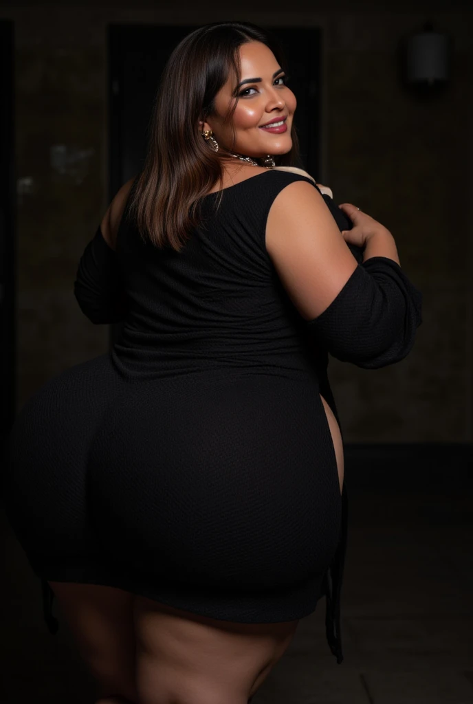 Super Curvy, Dusky Pale Indian radiant Textured Skin, Black Indian Kurti dress Knee length with side cut open thighs visible. Side Facing. Big lips, full body picture, dark brown cleavage, thick fat hands, earrings, necklace, black lipstick, dark navel, In...