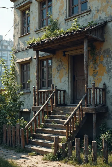 A hostel, almost looks like a flat/apartment but it is run down, but the windows are still intact, has a a balcony with leading down steps and a rustic fence 