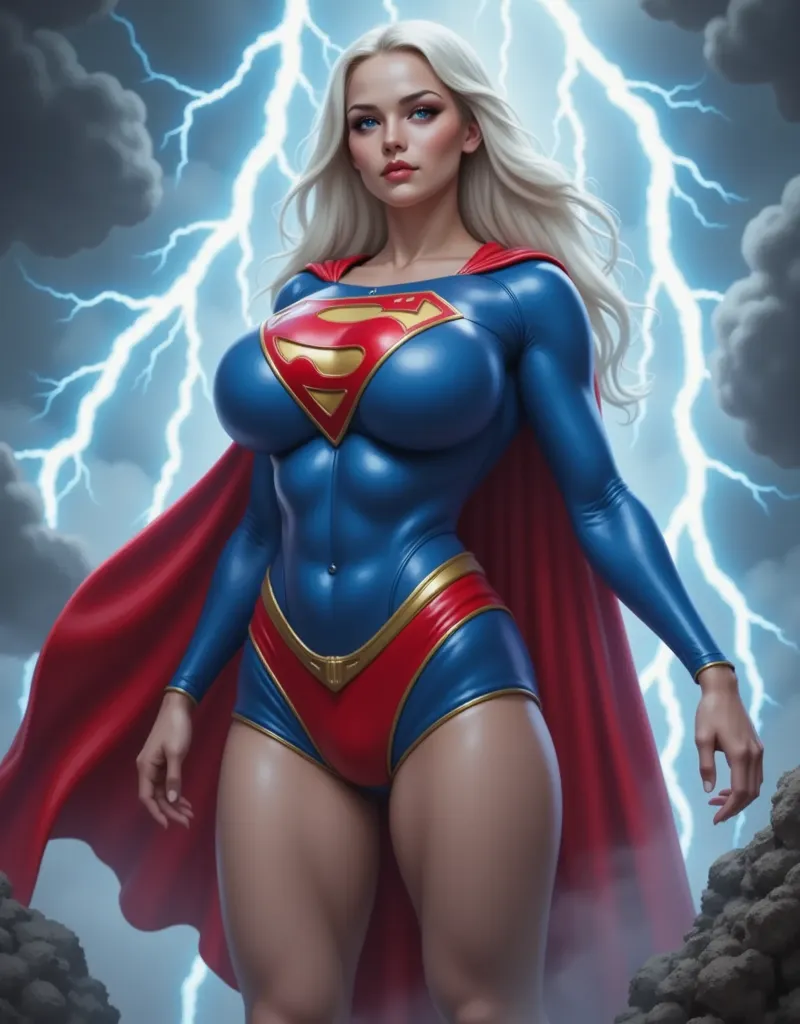 superheroine (Superwoman ), dressed in a blue Superman suit with the letter S on the chest, with a fluttering red cloak, bright red short skirt (stands out clearly, essential element stands out clearly),  yellow metal belt ,  Masterpiece , сверхдетализиров...