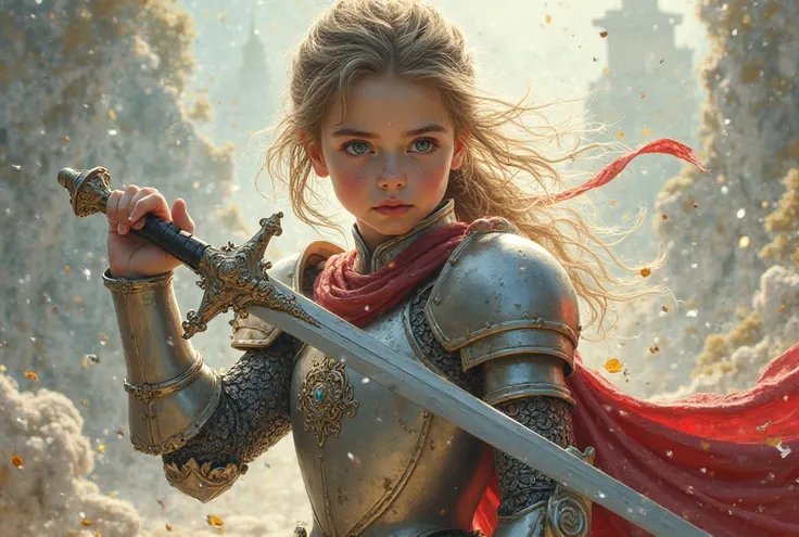 age girl in knightly pancel, with a sword, pajzzsal