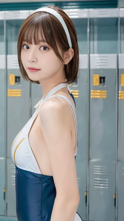 (((Locker room:1.3))),(((Dressing Room 1.3))),(((Uniforms hanging on hangers:1.3))),((Swimsuit change:1.7)),(((white one-piece swimsuit))),cute face,Extreme close up of face, short hair with shiny light brown and orange stripes, perfect round face, iris,( ...