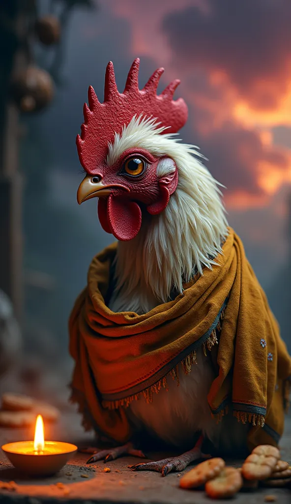 A highly detailed, ultra-realistic 8K close-up portrait of a weak and frail rooster, its feathers ruffled and slightly dirty, dressed in tattered, faded traditional Indian cloth, loosely wrapped over its fragile body. The rooster's face is filled with deep...