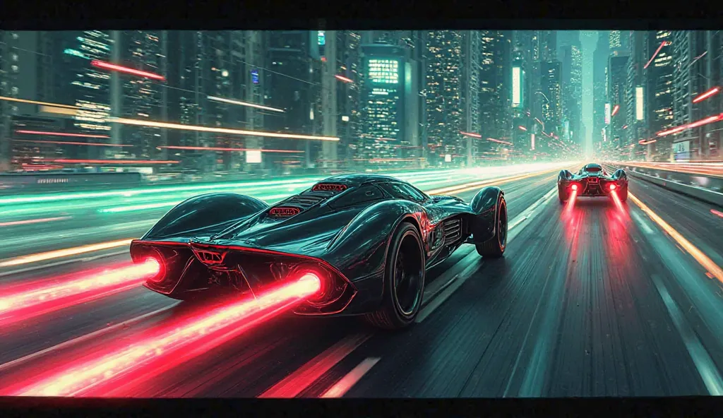 A futuristic race with flying cars, digital painting, comic book style, sharp outlines, dynamic composition. The cars are sleek and aerodynamic, with red and green glowing trails. The race takes place in a futuristic city at night, with towering skyscraper...