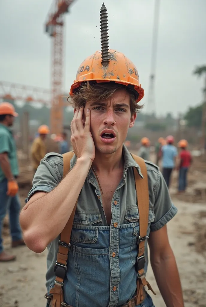 :
"A young construction worker with messy hair and no helmet, standing confidently on a construction site. Suddenly, a metal screw falls from above, hitting him right in the head. He looks surprised and in pain, rubbing his head. The background shows a bus...