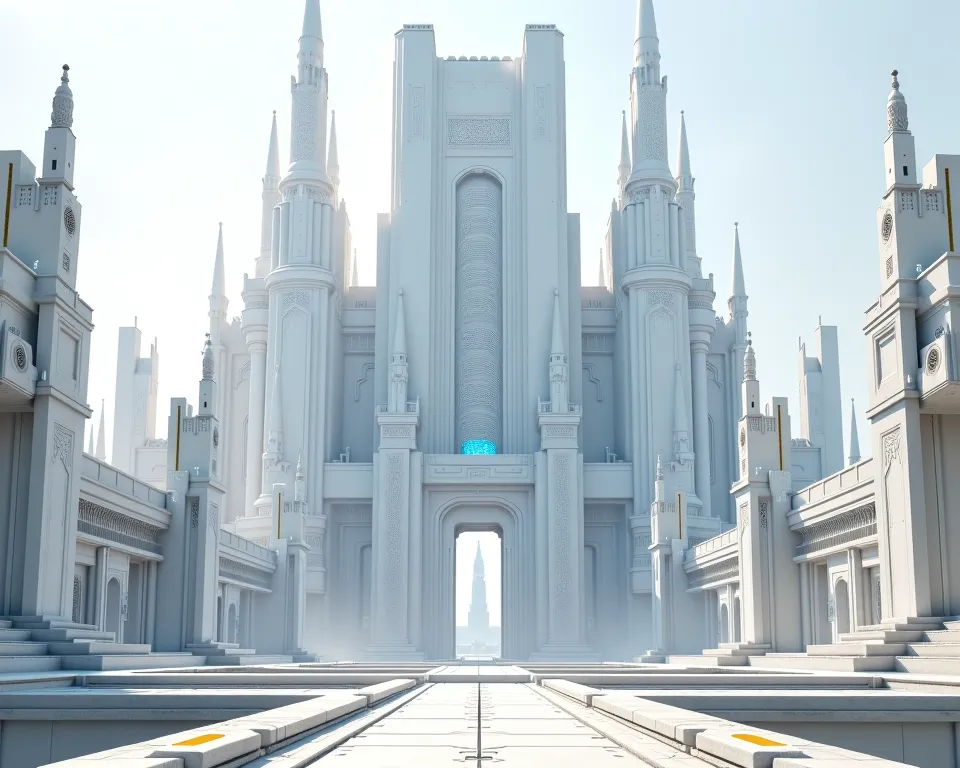 full image, HD wallpaper,  from the front, a giant white and light gray palace, futuristic and advanced castle, with many towers and square and circular designs, with blue lights, golden details, with walls, many structures around it, with a giant square m...