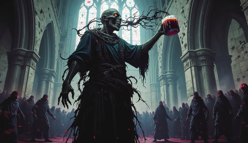 a lovecraftian sorcerer drinks a black beer. He invokes Cthulhu. He is in an abadoned gothic cathedral. In the back there are a lot of people wearing hoods, masks and cloaks in a very big orgy.