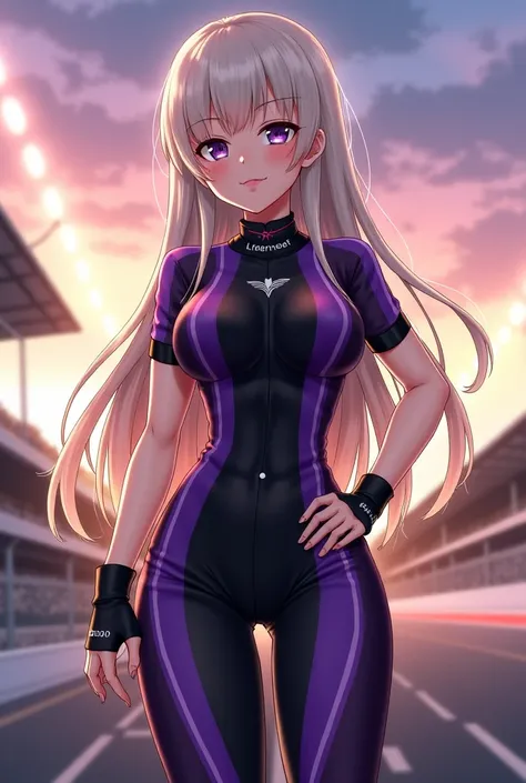 Create an anime girl with a mature, waifu-like, and hot appearance, aged 17. She has long, silky silver-blonde hair that reaches her waist, with soft waves and a few strands framing her face. Her eyes are deep violet, almond-shaped, with thick lashes and a...