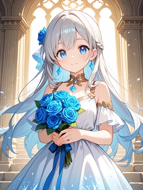 long hair, Gray Hair,  quick,  crystal earrings , blue eyes,  Bright Eyes , glitter effect,  blue roses,Outside the castle